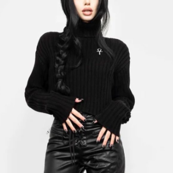 Disturbia Sweaters - disturbia black knit turtleneck sweater with ankh embroidery